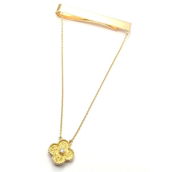 Authentic! Van Cleef & Arpels 18k Yellow Gold Diamond Vintage Alhambra Tie Clip - Picture 7 of 9
